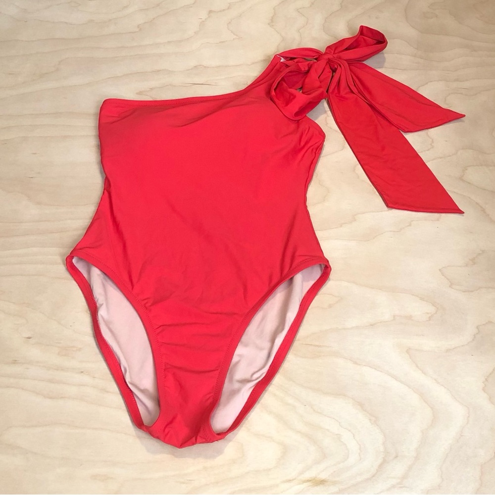 J. Crew Bow One Shoulder One-Piece Red Swimsuit Padding Cups Womens Sz 2.
